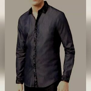 I.N.C mens M western black long sleeve button down shirt Velveteen accents